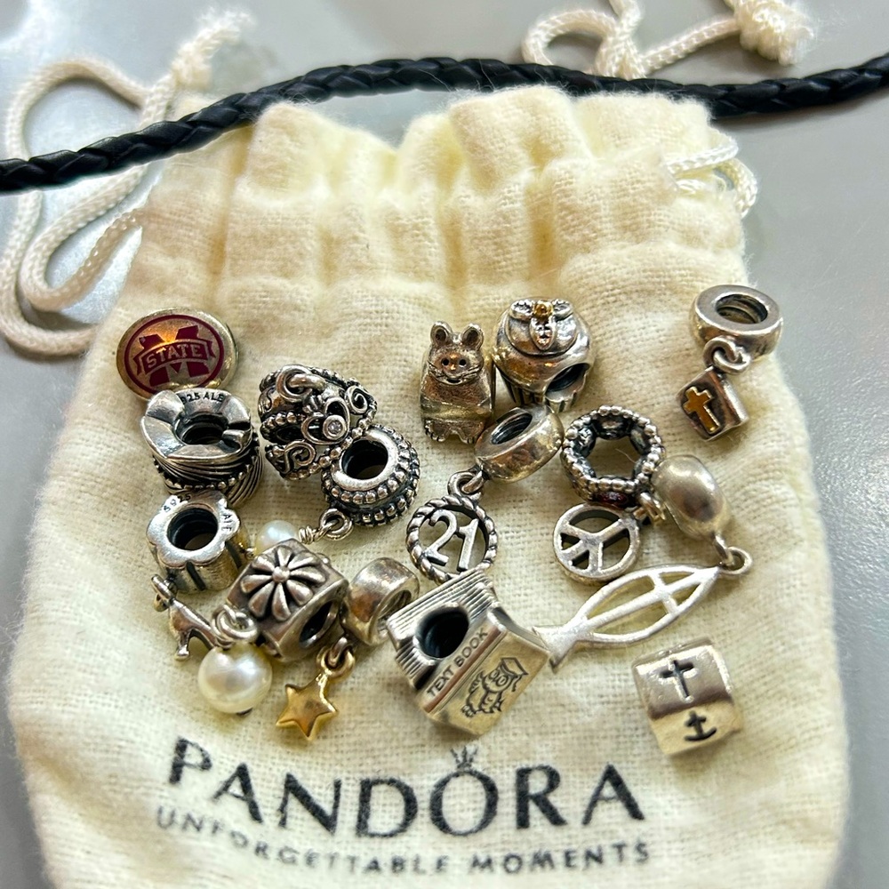 Pandora Black wraparound Bracelet with Charms included